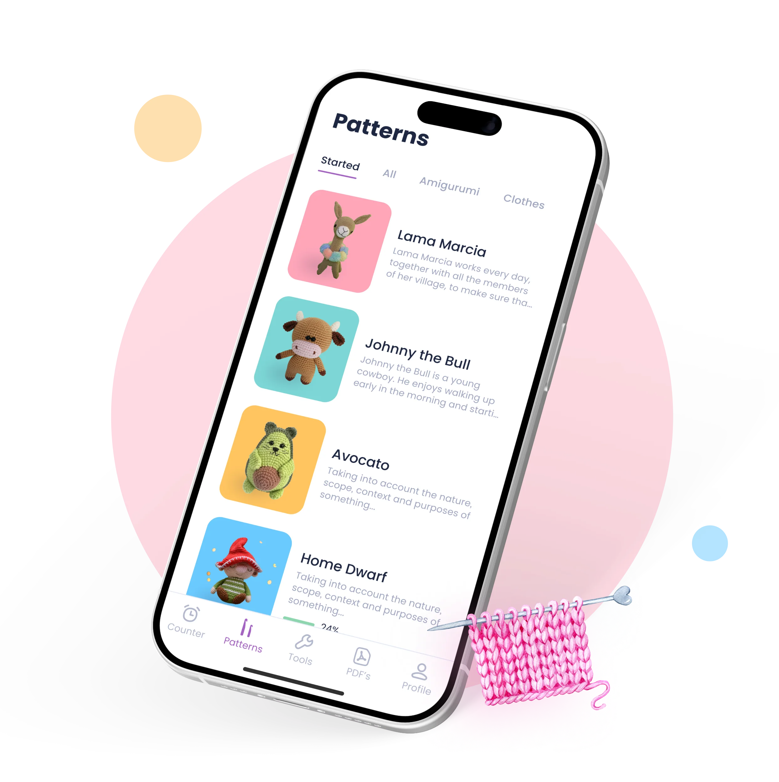 Mobile with crochet app on screen